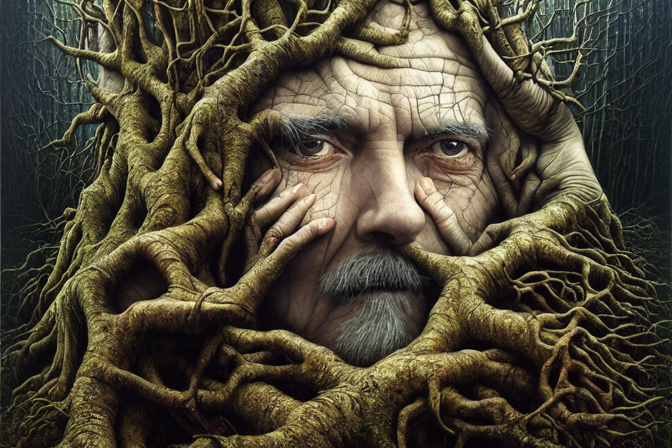 Man's face emerging from tree roots in forest with serious expression