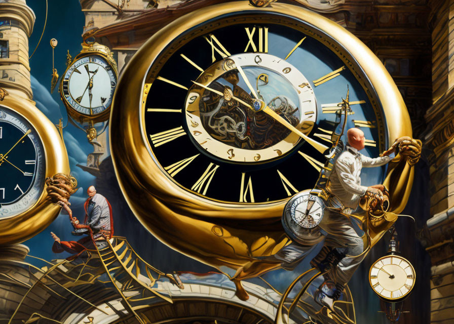 Surrealist artwork: Figures with floating clocks by classical building