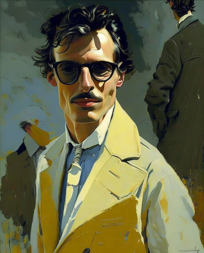 Stylized portrait of a man with curly hair and round glasses