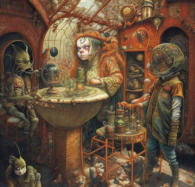 Surreal steampunk room with anthropomorphic creatures and face swap