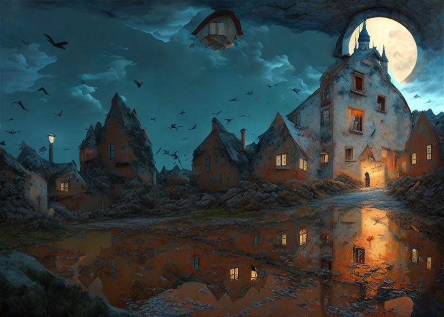 Twilight village with glowing windows, cobblestone paths, full moon, flying birds, and sky