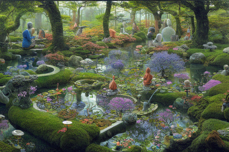 Tranquil garden with meditating figures and vibrant flora