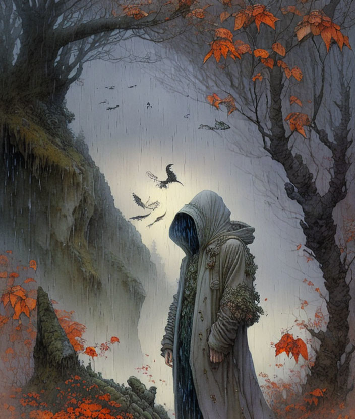 Cloaked figure on misty cliffside path with orange leaves and crow