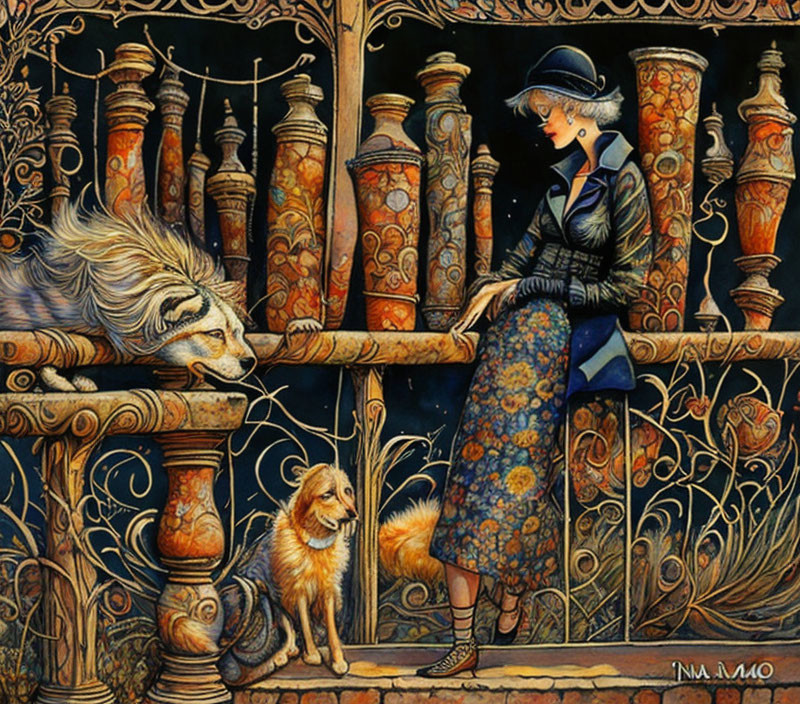 Woman in stylish hat and coat with mythical creature on patterned balcony