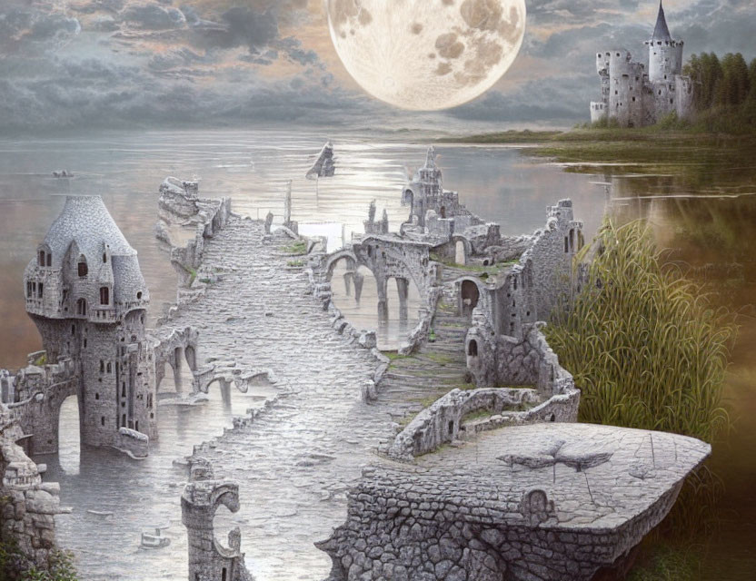 Majestic moonlit landscape with stone bridge, ruins, and castle