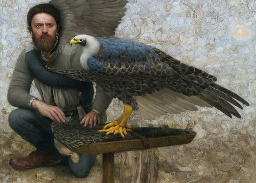 Bearded man with eagle on perch, floral patterns, subdued colors