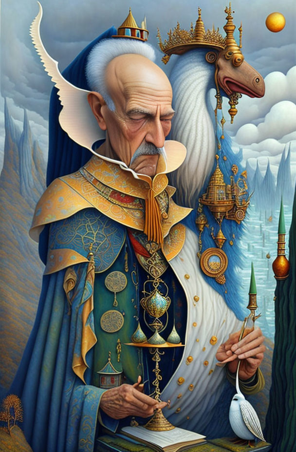 Elderly man in medieval attire with fantastical elements