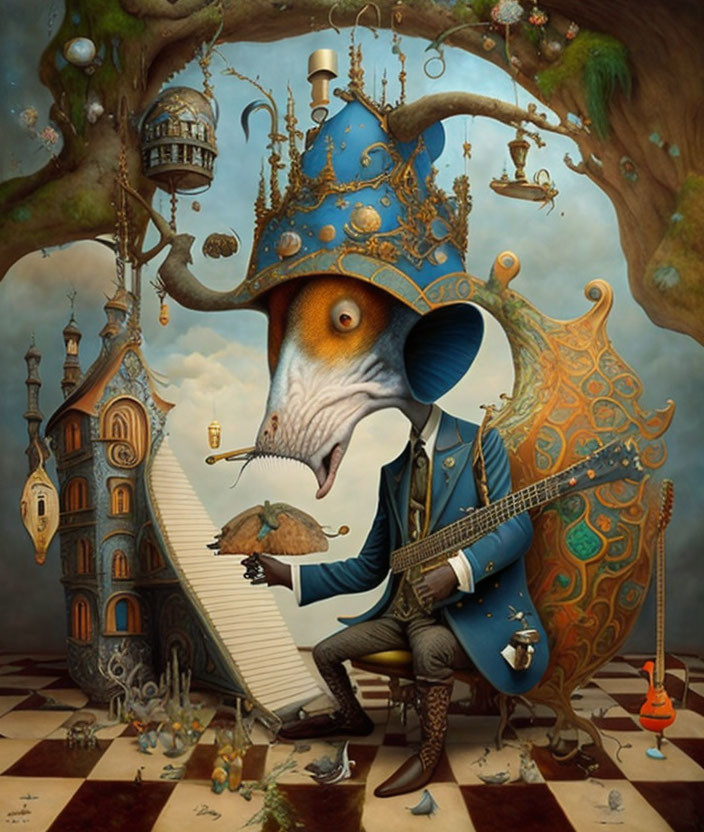 Surreal artwork featuring trumpet-headed creature in suit with guitar