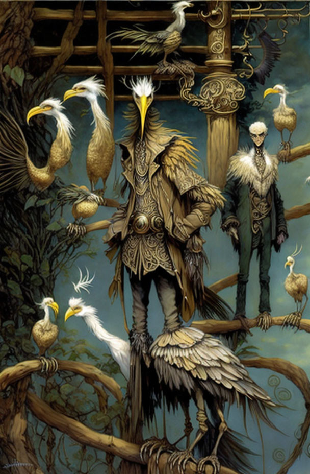 Mystical bird-man with birds in dark forest setting