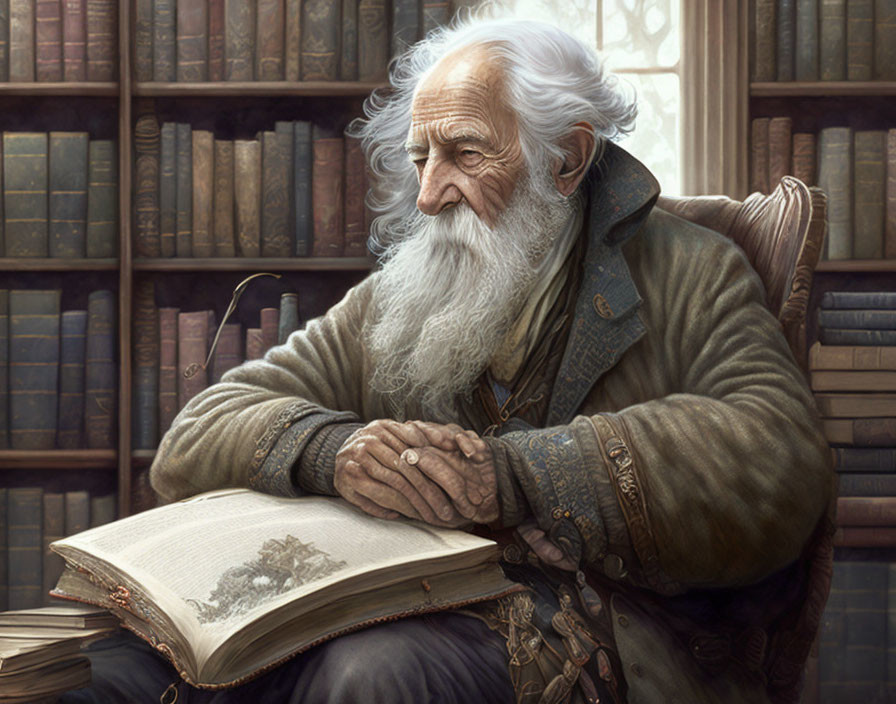 Elderly man with white beard reading in a library full of books