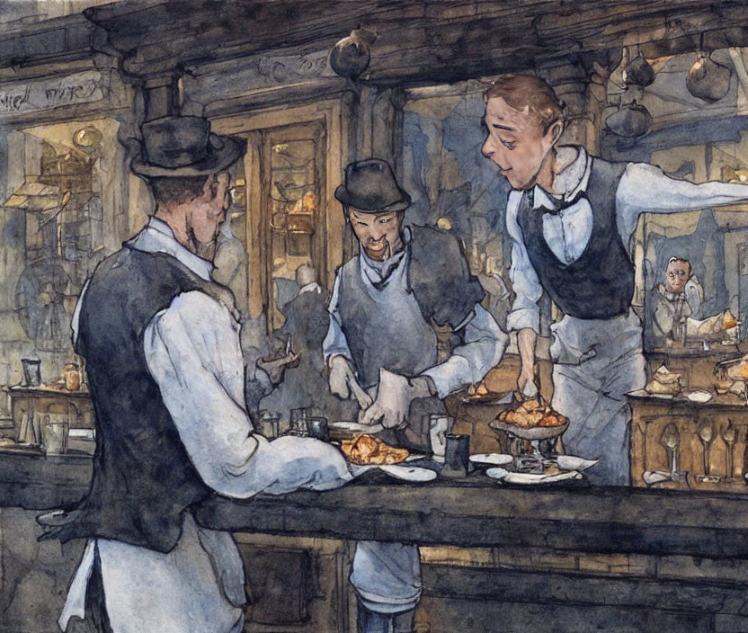 Detailed Vintage Pub Interior Illustration with Waiter Serving Drinks and Pie to Patrons