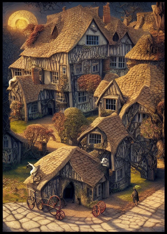 Rural village scene with thatched-roof cottages and horse-drawn cart at twilight