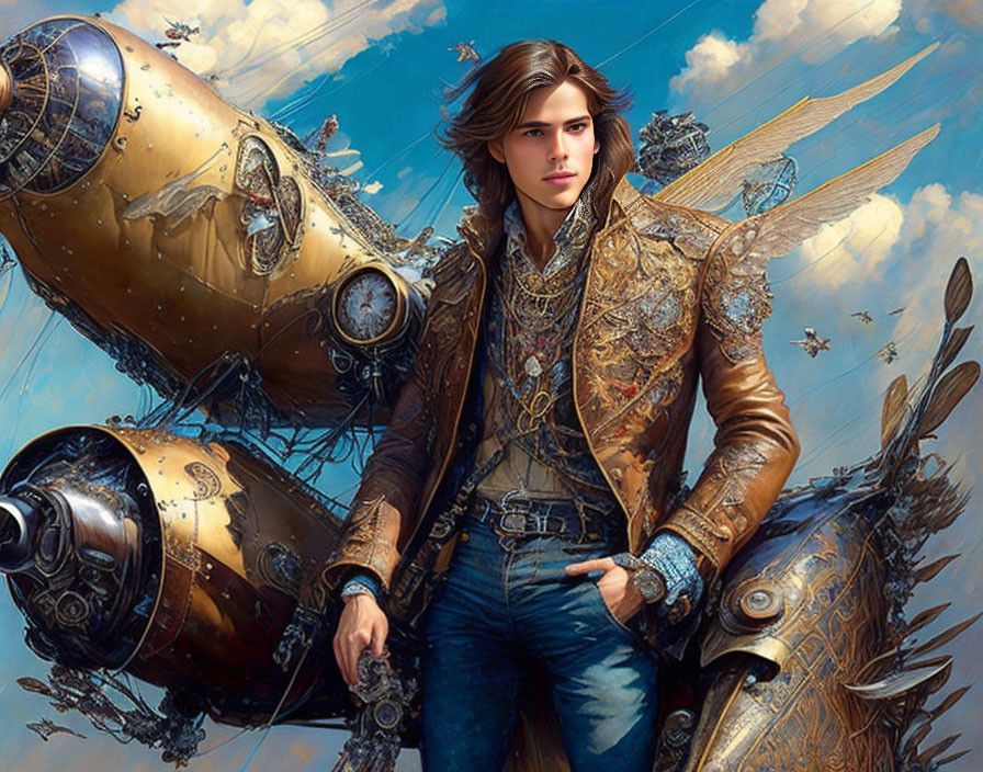 Digital artwork: Young man in steampunk attire with airships