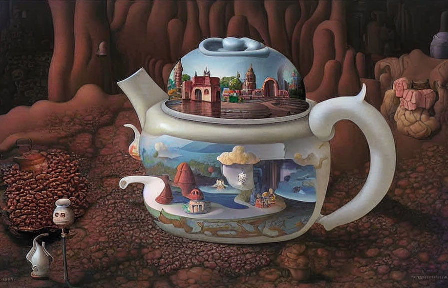 Surreal teapot-themed artwork with landscape and architectural scenes