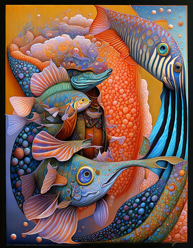 Colorful surreal painting: stylized fish with exaggerated eyes in coral-like setting