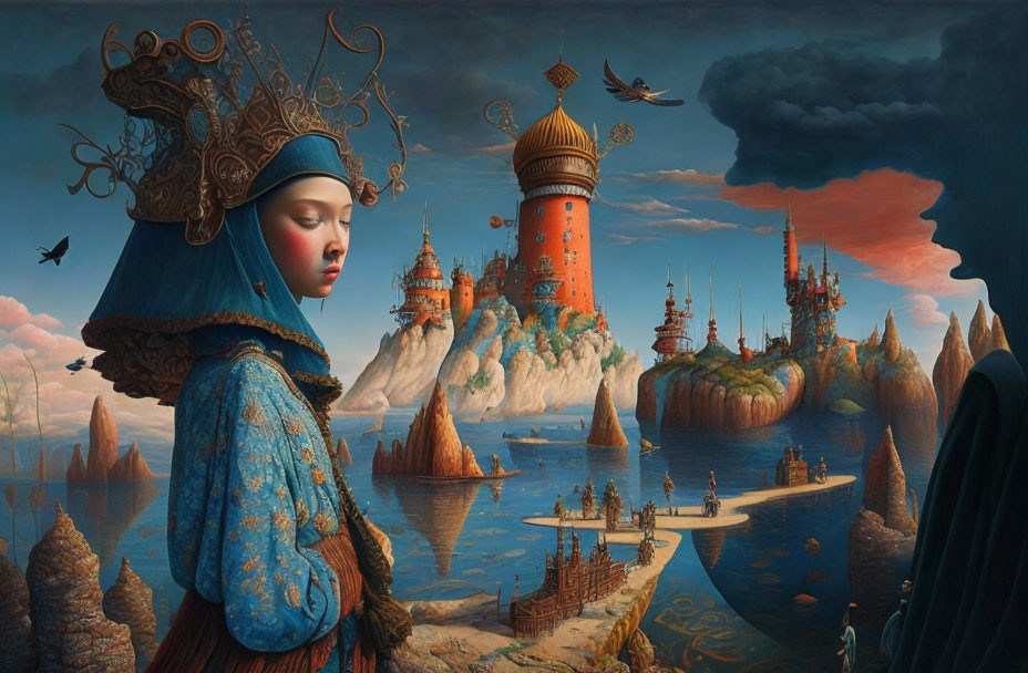 Surreal painting of woman in ornate attire and fantastical landscape