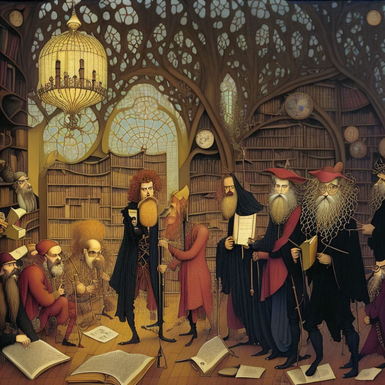 Illustration of bearded scholars in grand library with books, globes, and birdcage