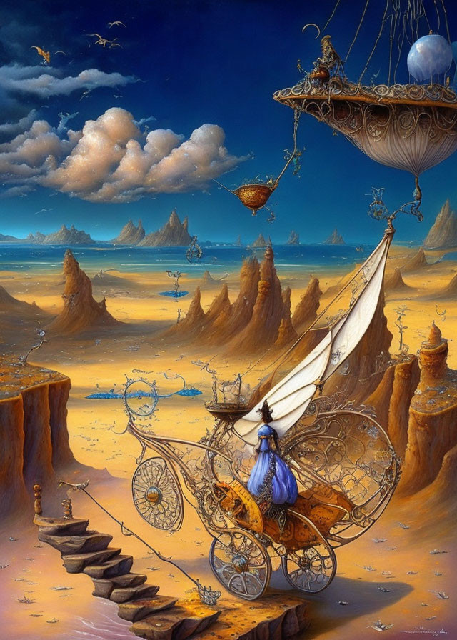 Person in cloak maneuvers sail-powered land vehicle in desert with floating islands and whimsical sky