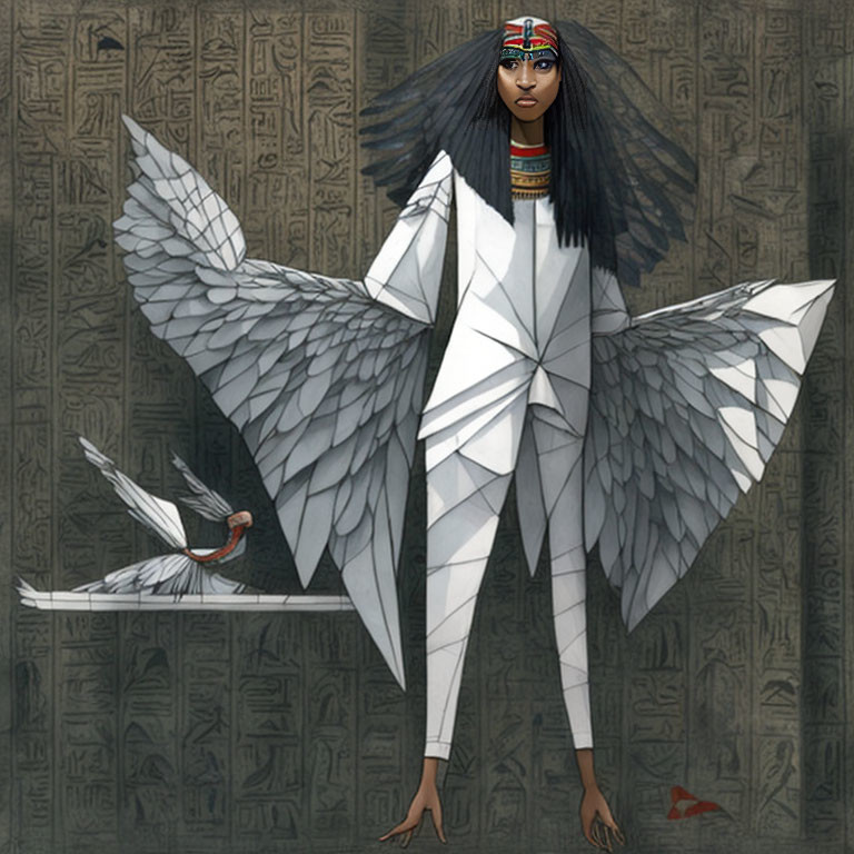 Stylized woman with wings in origami style against Egyptian hieroglyphs, with origami