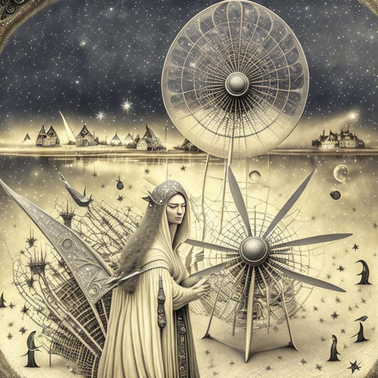 Surreal sepia-toned illustration of robed figure with geometrical wings and whimsical elements