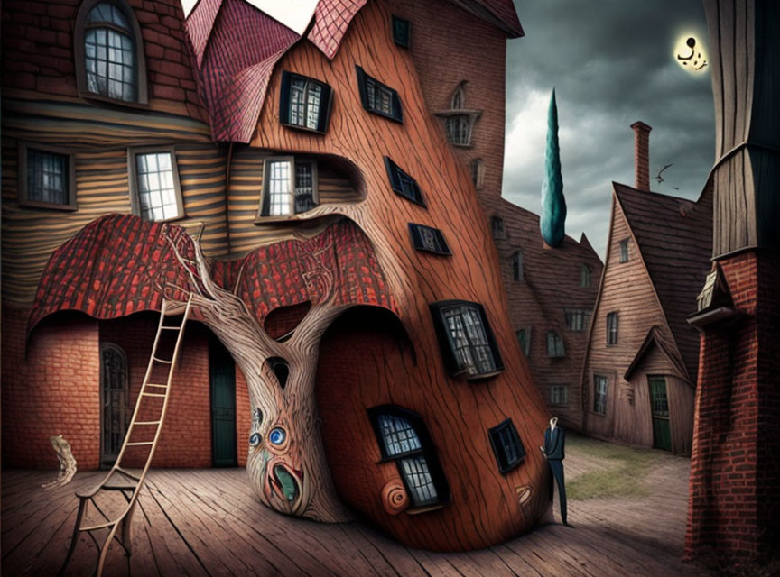 Whimsical street scene with anthropomorphic houses under surreal dusk sky