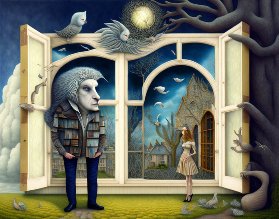 Surreal artwork: man with house head, woman, birds, tree merging