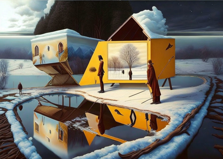 Upside-Down House in Snow with Man by Reflective Water at Twilight