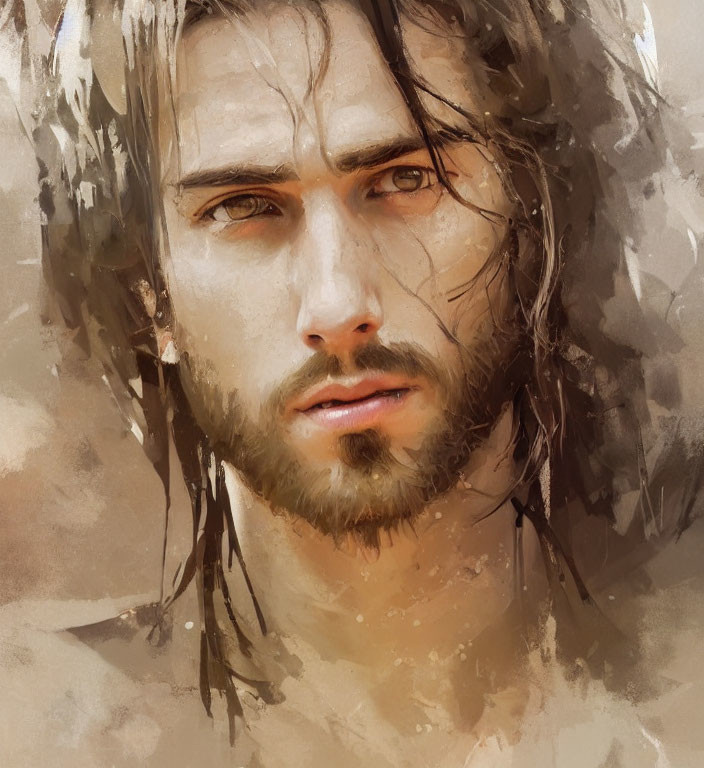 Intense man portrait with wet hair and stubble in warm tones