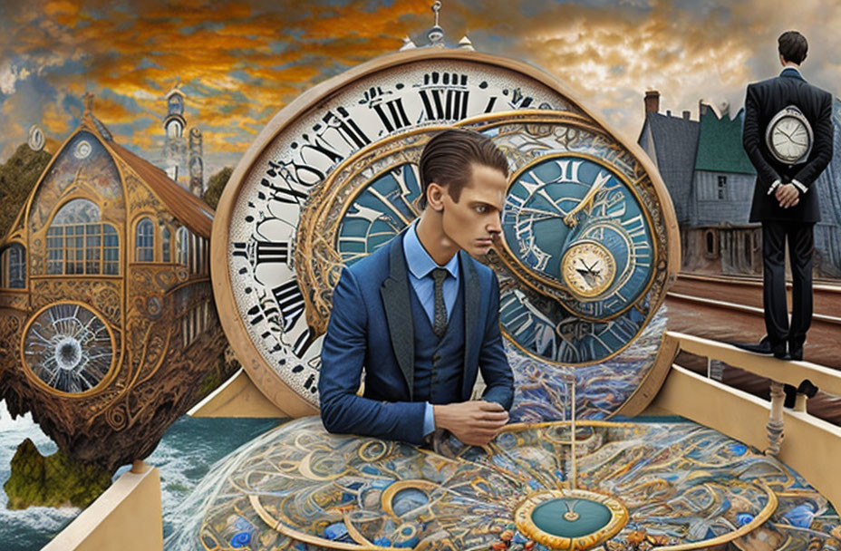 Man in suit on boat surrounded by clocks and gears in surreal landscape.