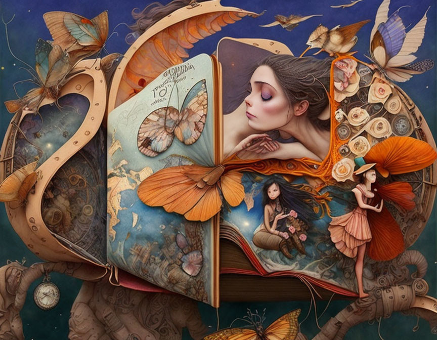 Surreal open book image with butterflies, woman's face, and tiny figures