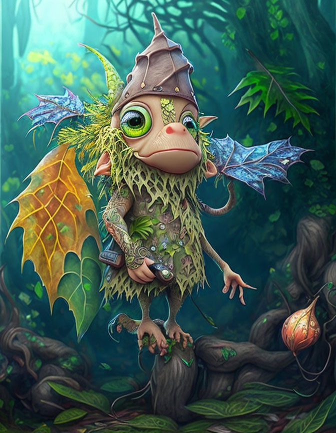 Fantasy forest creature with dragon wings in enchanted forest.