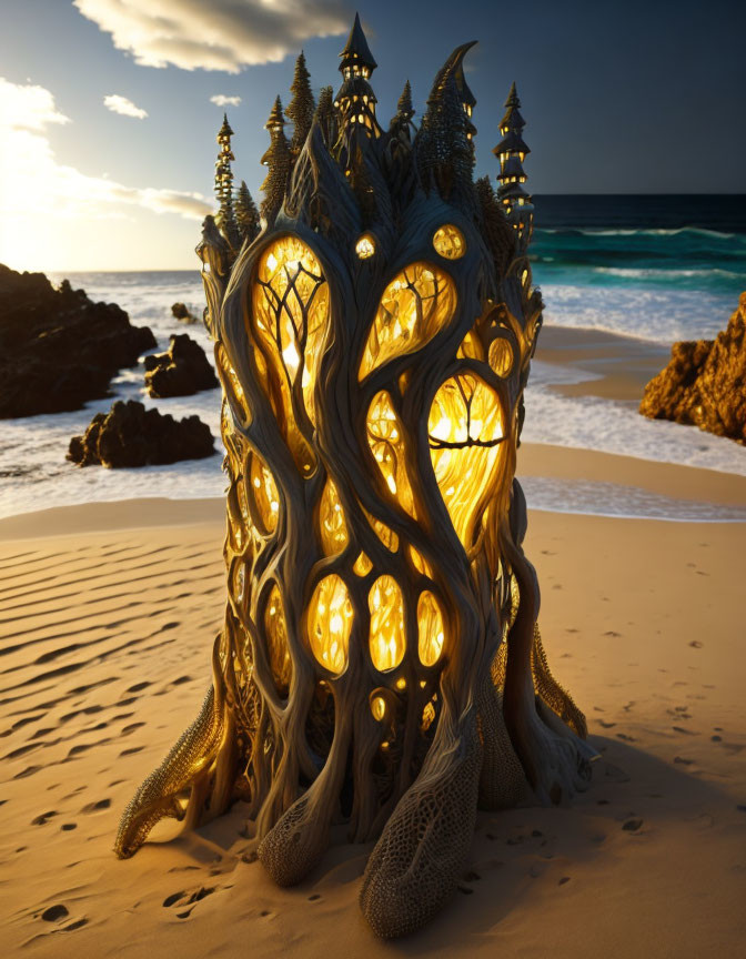 Fantasy-style treehouse building on sandy beach at sunset