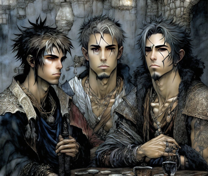 Three animated male figures with intense expressions and stylized hair sitting at a table