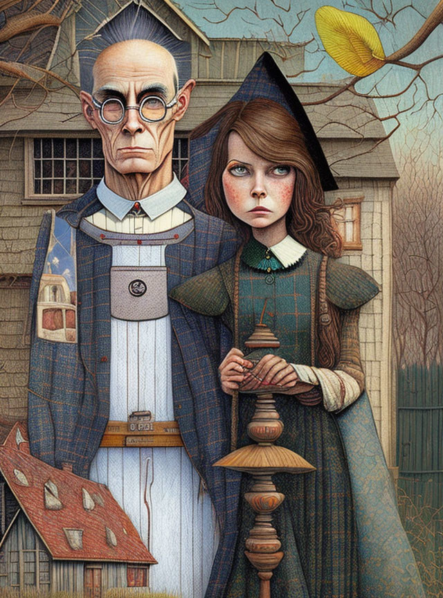 Surreal illustration of stern-faced man and young girl in vintage attire