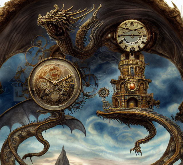 Dragon encircling clock tower with gears and clocks on cloudy sky background