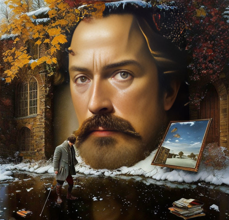 Surreal collage: giant face in autumn scene with painter, snow, frame, and books