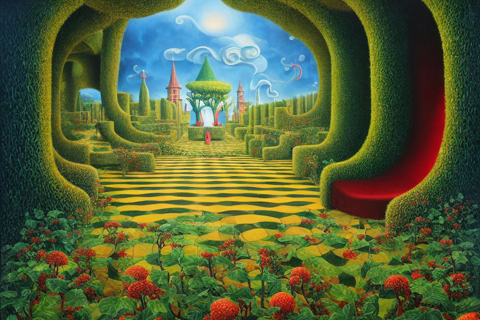 Colorful painting of lush hedge maze and castle with berries