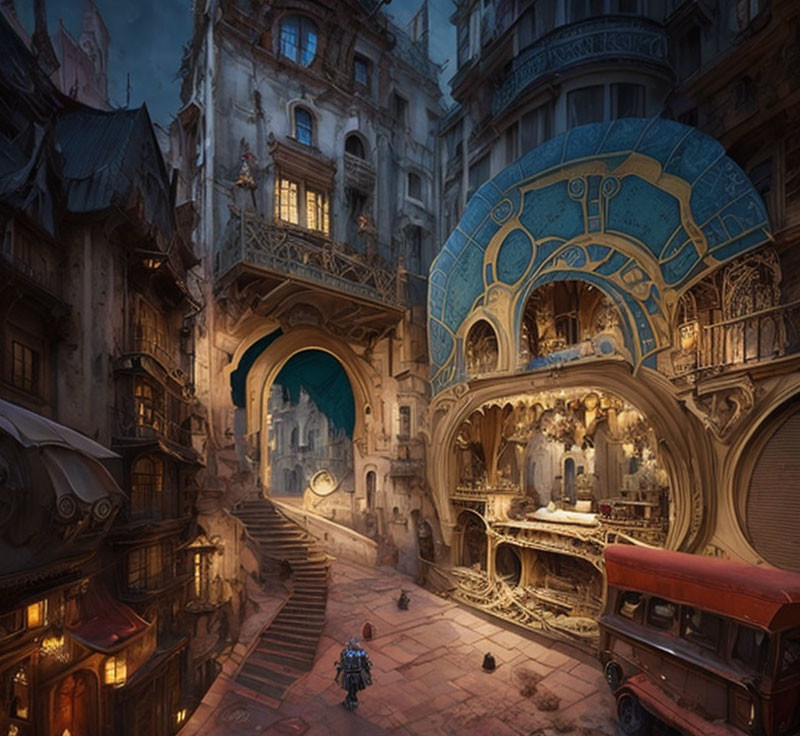 Steampunk-inspired cityscape with ornate buildings and clock