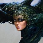 Detailed steampunk headgear on woman with dark flowing hair