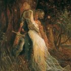 Fantasy scene: Male with antlers, female in flowing dress, mystical forest, floating lanterns