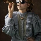 Steampunk-themed person with goggles looking through brass telescope