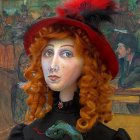 Curly red-haired woman in red hat on Van Gogh-inspired whimsical backdrop