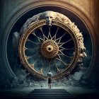 Steampunk-inspired illustration of woman cycling in clockwork mechanism