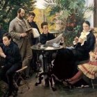 Surreal painting merges indoor and outdoor scenes with people in 19th-century attire