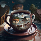 Surreal teacup image with village scene inside and outside, blending boundaries under rainy sky