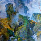 Vertical Fantasy Landscape with Waterfalls, Flora, Houses, Birds, and Moons