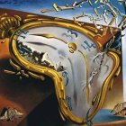 Surreal painting: figure holding melting clock with tree branches and floating objects