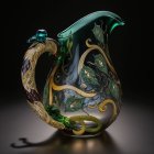 Ornate pitcher with parrot design and gold accents on dark background