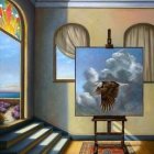 Surreal painting featuring woman with cityscape head and ornamental elements