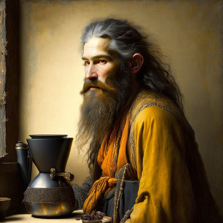 Elderly man in yellow robe with bronze vessels portrait